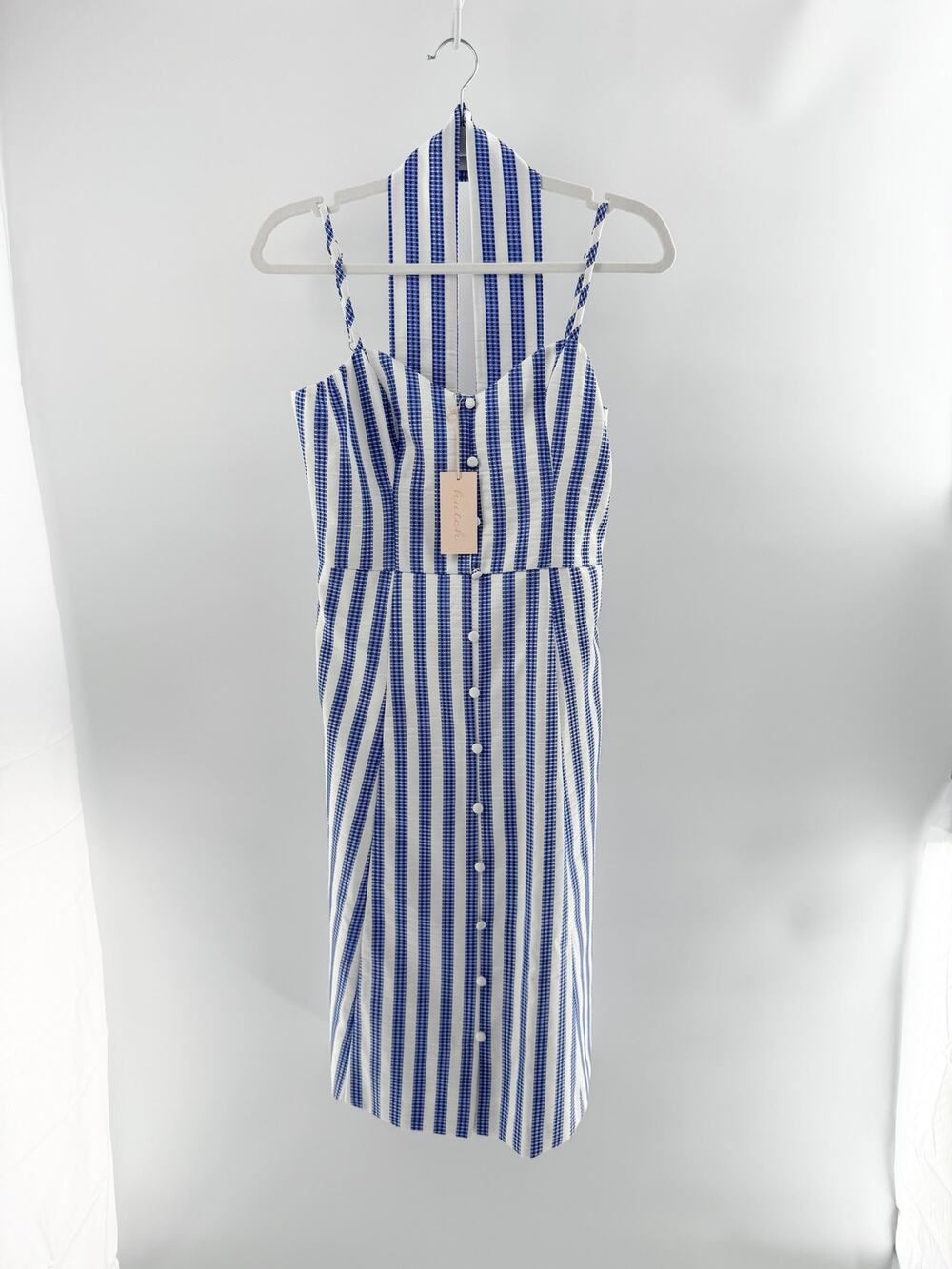 NWT Hutch Striped Sleeveless V-Neck Belted Midi Dress White Blue Women's Size 4
